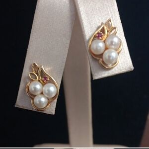 Solid 14k Elegant Gold and Genuine Pearl & Ruby Earrings